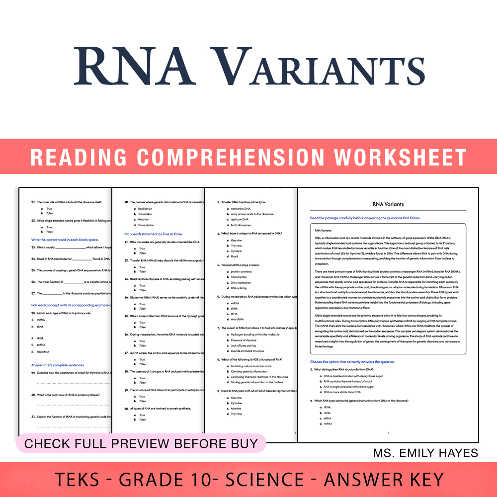 Grade 10 Science worksheet worksheet — Grade 10 Science | RNA Variants Worksheet (PDF+ Answer Key) — page 1