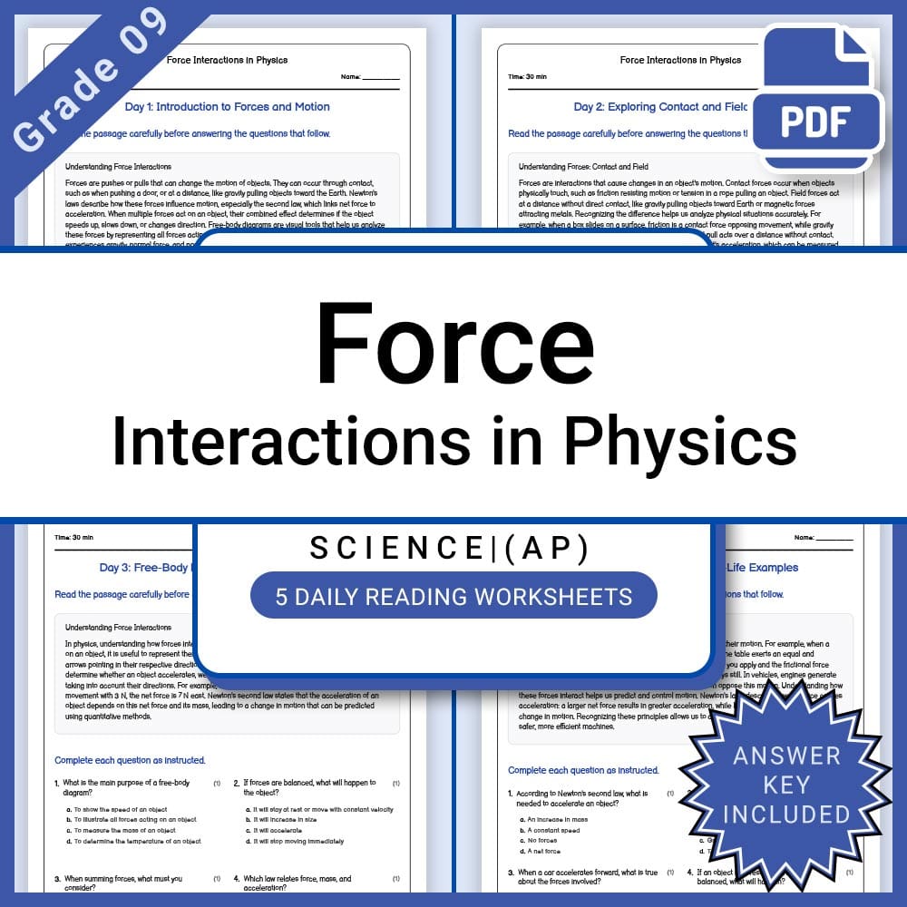 Grade 9 Science Lesson Group: AP Motion & Force Daily Reading Worksheets — included worksheet 2