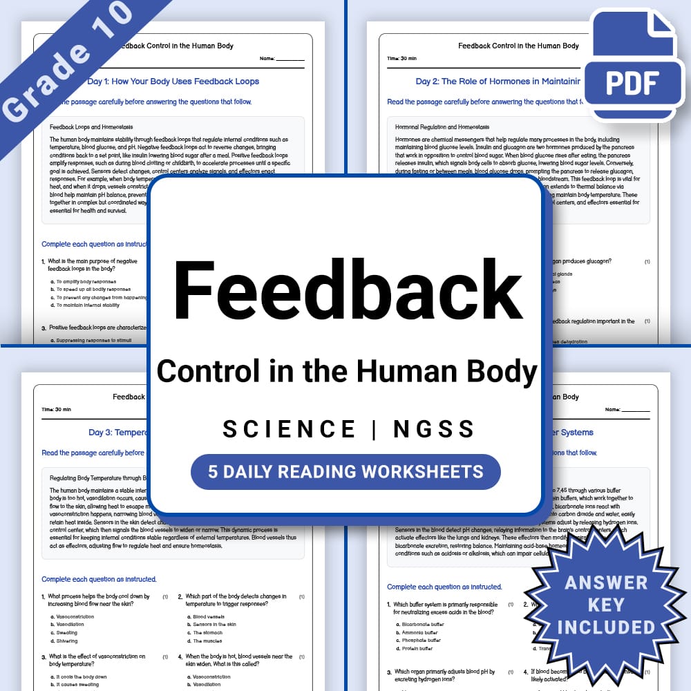 Grade 10 Science daily reading worksheet worksheet — Grade 10 Science – Feedback Control in the Human Body Worksheet(PDF +…