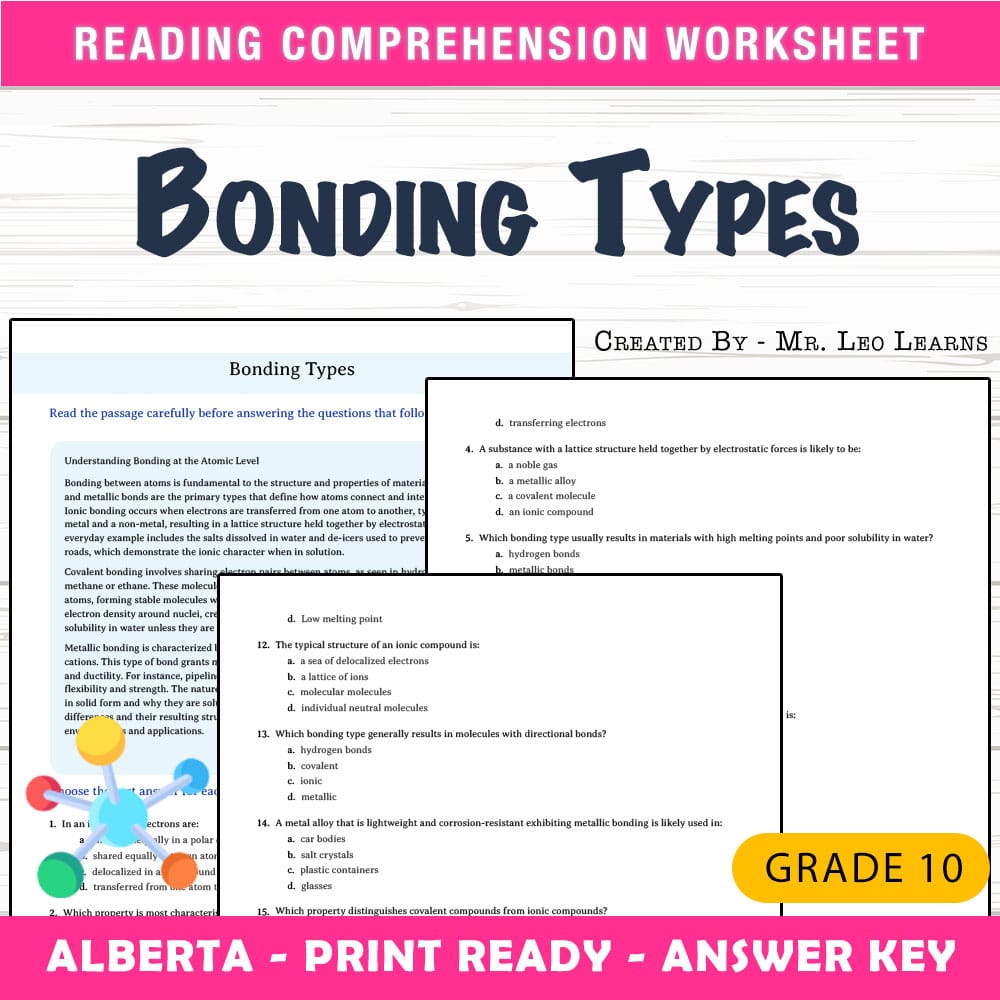 Grade 10 Science worksheet mcq paper worksheet — Grade 10 Science — Worksheet MCQ Paper for Mastering Bonding Types — page 1