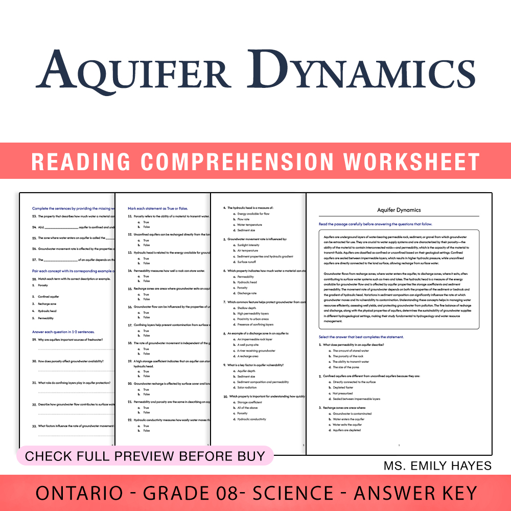 Grade 8 Science worksheet worksheet — Grade 8 Science | Aquifer Dynamics Worksheet (PDF+ Answer Key) — page 1