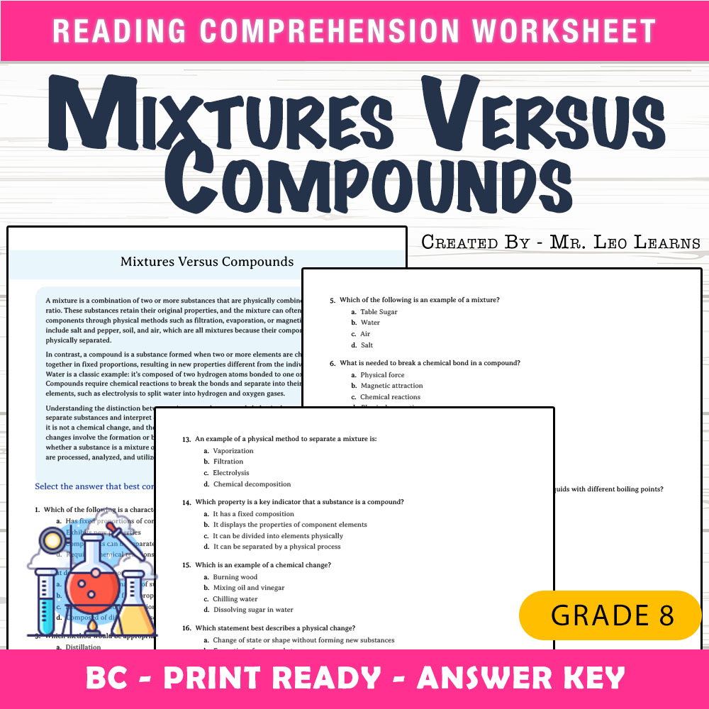 Grade 8 Science worksheet mcq paper worksheet — Grade 8 Science — Worksheet MCQ Paper for Mastering Mixtures & Compounds —…