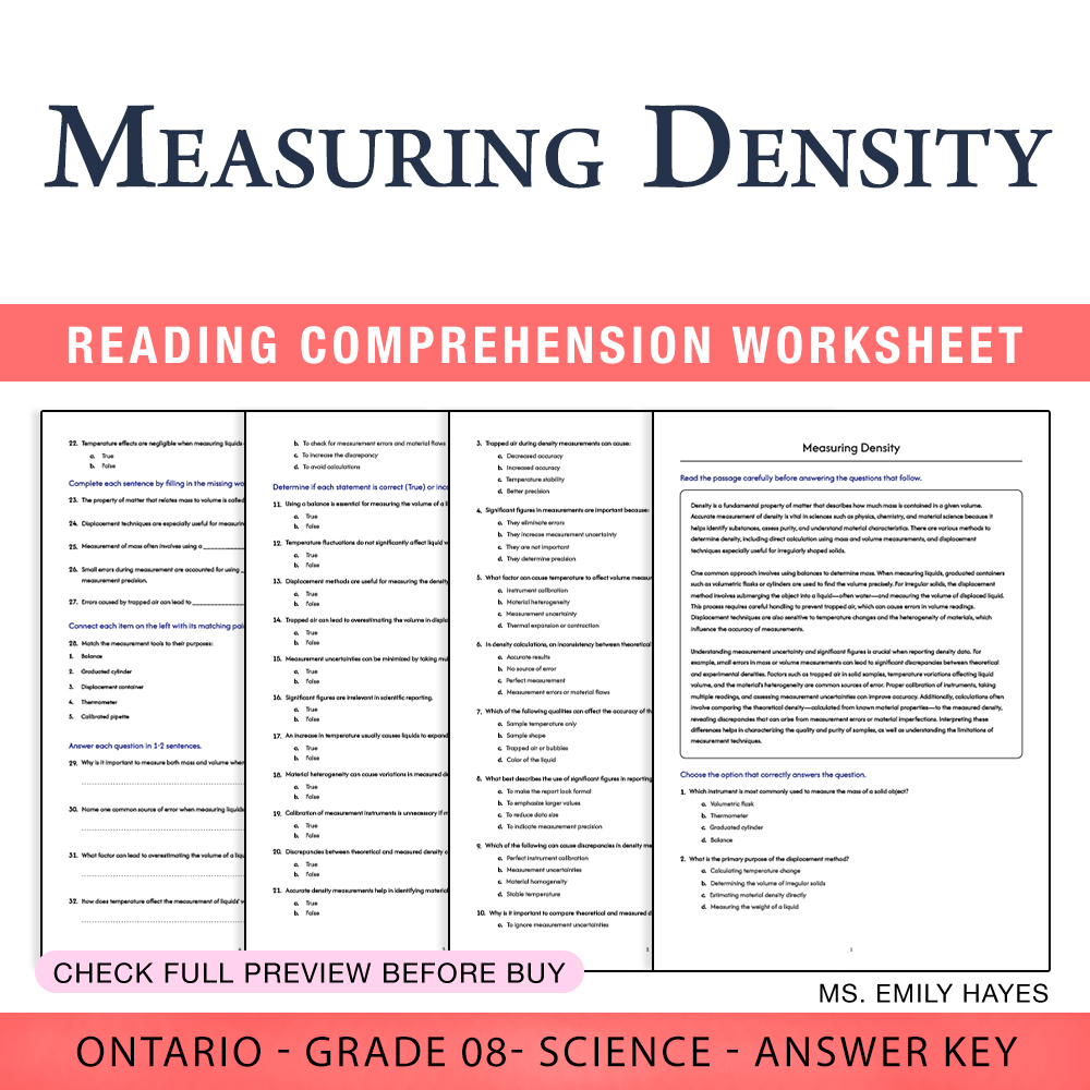 Grade 8 Science worksheet worksheet — 8th Grade Science | Measuring Density Worksheet (PDF+ Answer Key) — page 1