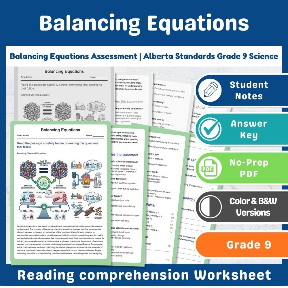 Grade 9 Science assessment worksheet — Balancing Equations Assessment | Alberta Standards Grade 9 Science — page 1