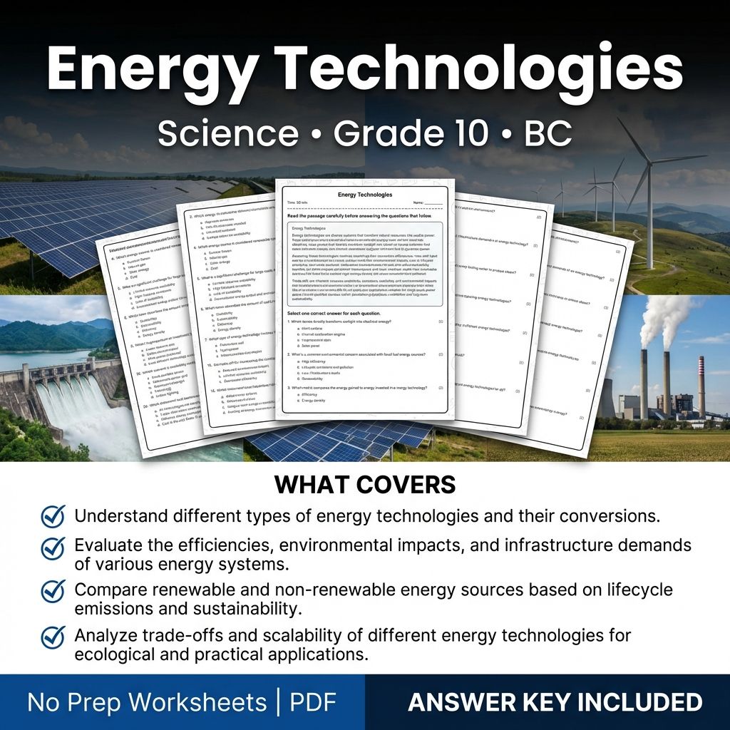 Grade 10 Science | Energy Technologies Worksheet & Answer Key (Printable PDF)