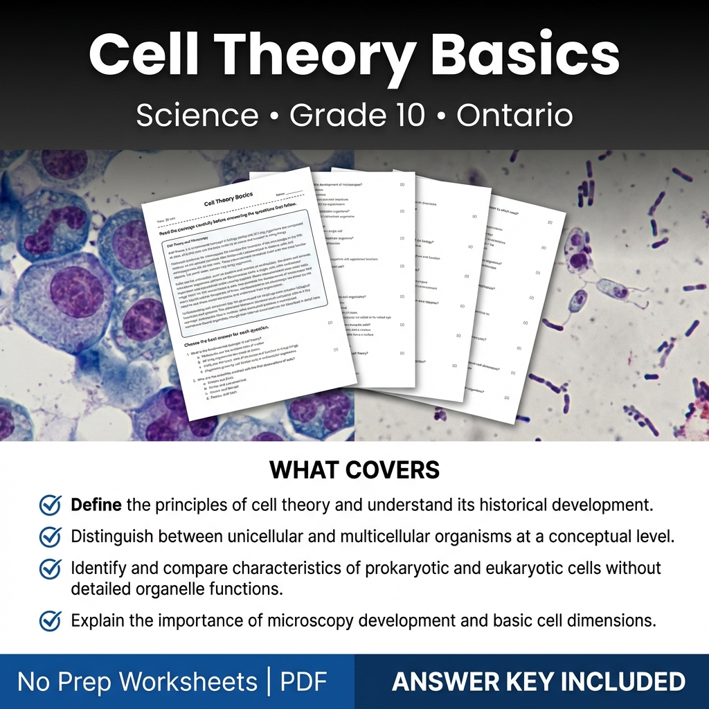 Cell Theory Basics Worksheet for Grade 10 Science | Ontario Standards