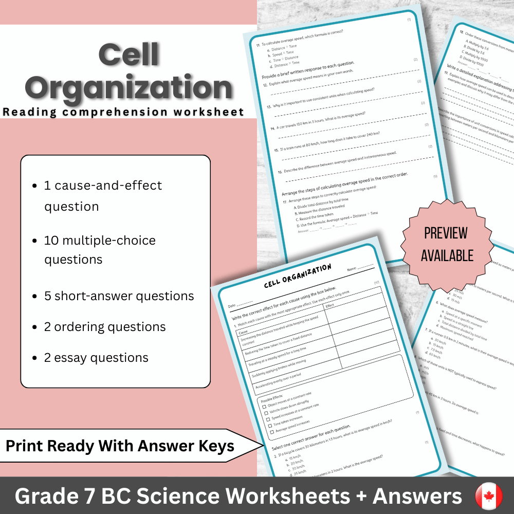 Grade 7 Science | Cell Organization Worksheet + Answer Key – BC Standards