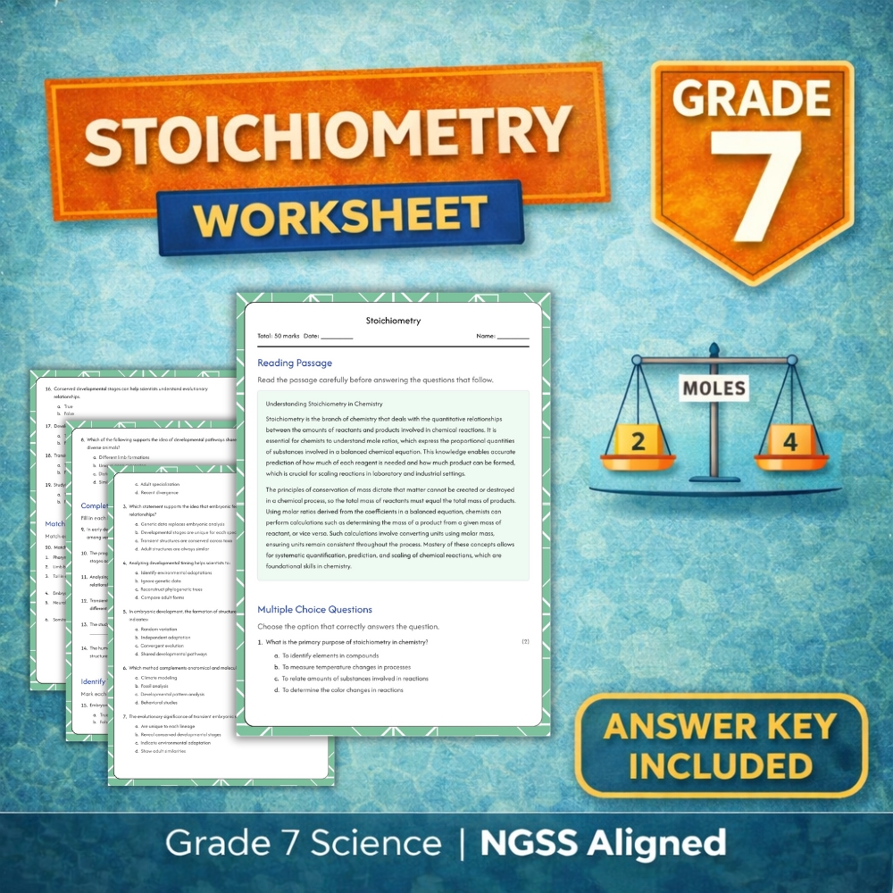 Grade 7 Science | Stoichiometry Practice Worksheet (NGSS Aligned, PDF)