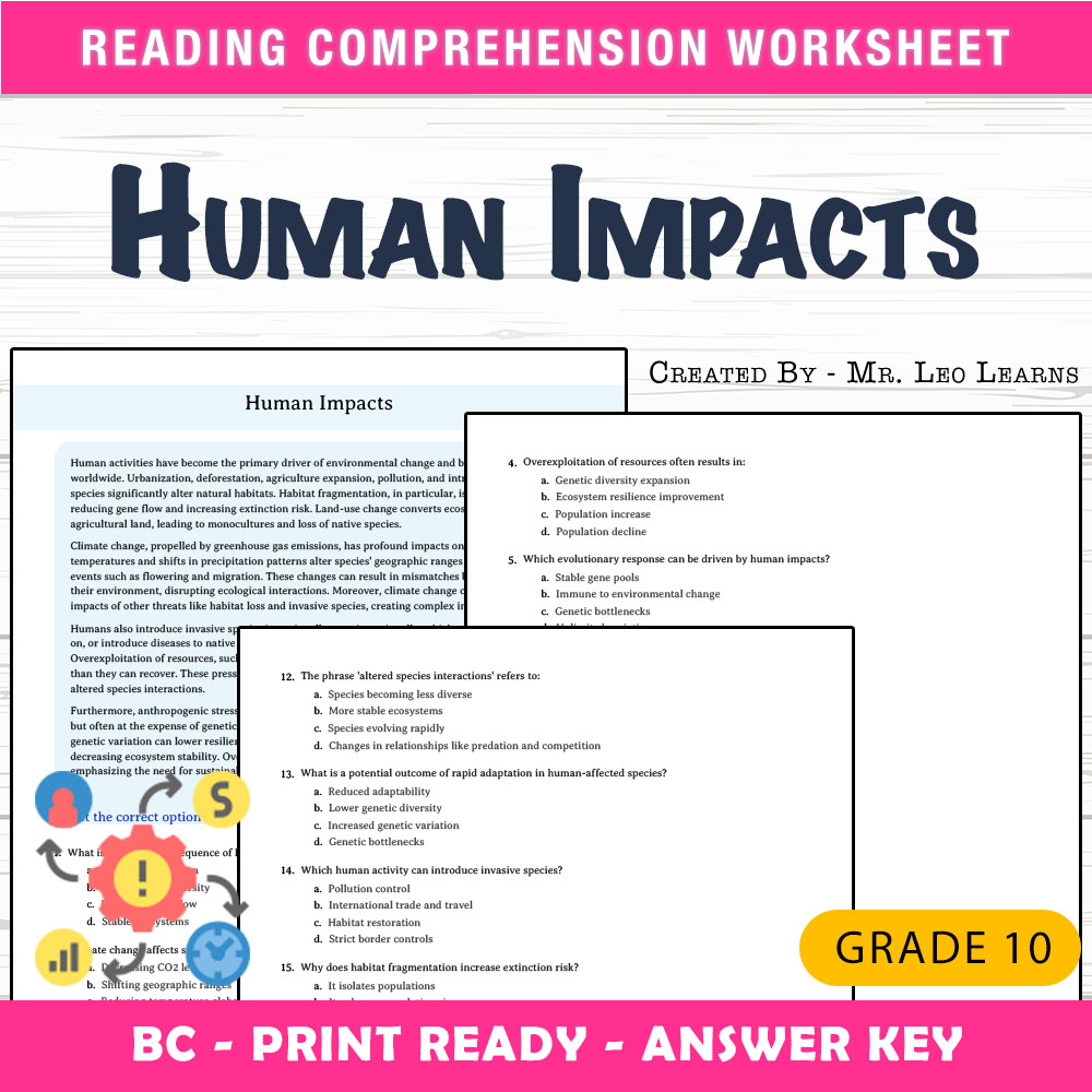 Grade 10 Science worksheet mcq paper worksheet — Grade 10 Science — Human Impacts Worksheet MCQ Paper — page 1