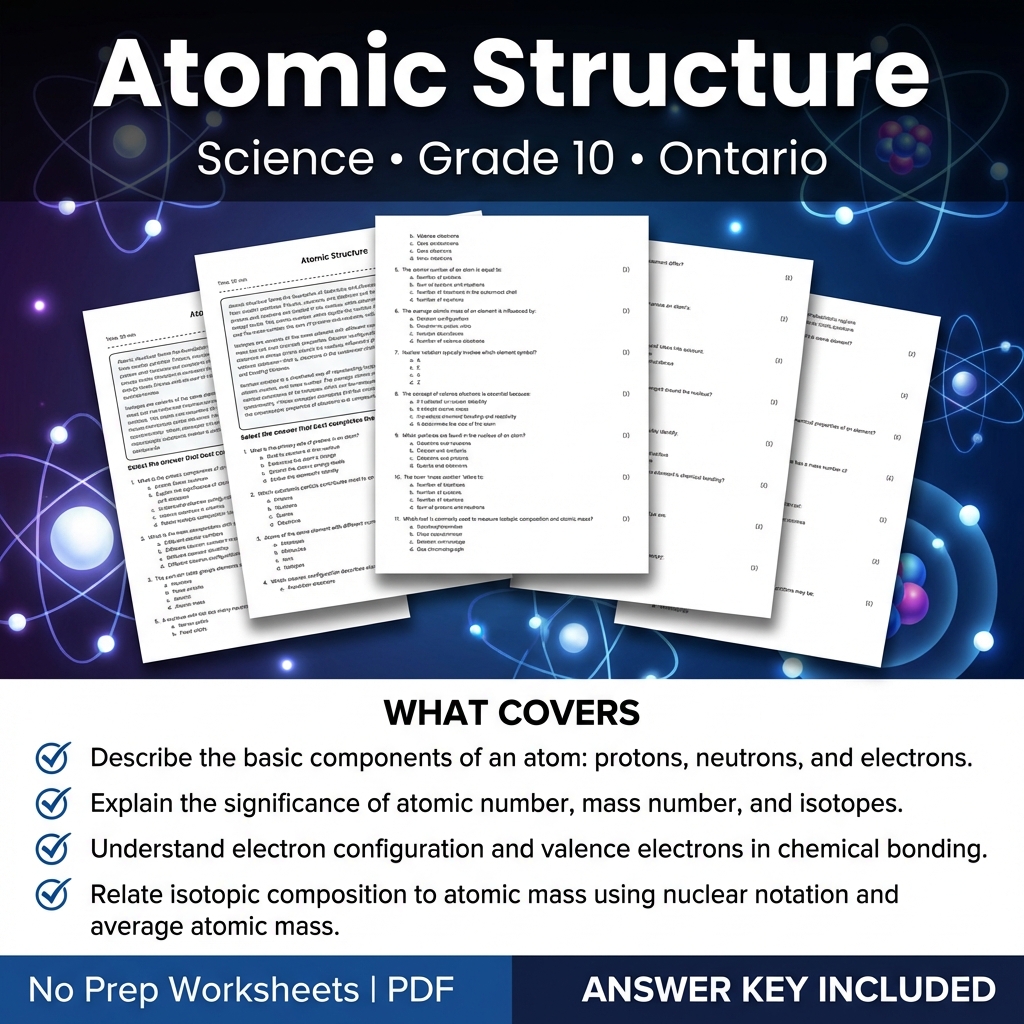 Grade 10 Science Atomic Structure Worksheet | Ontario Standards
