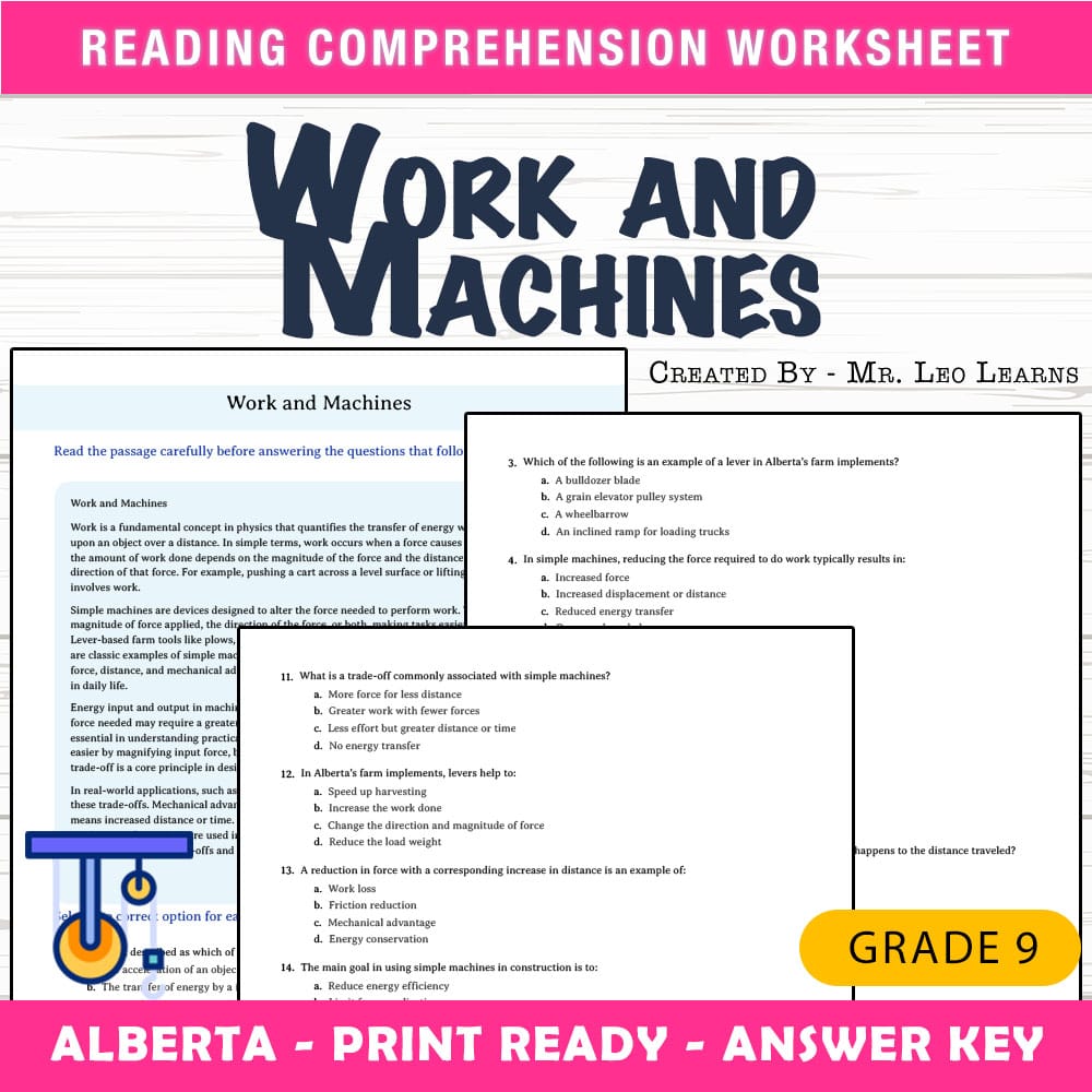 Grade 9 Science worksheet mcq paper worksheet — Grade 9 Science — Work and Machines Worksheet MCQ for Mastery — page 1