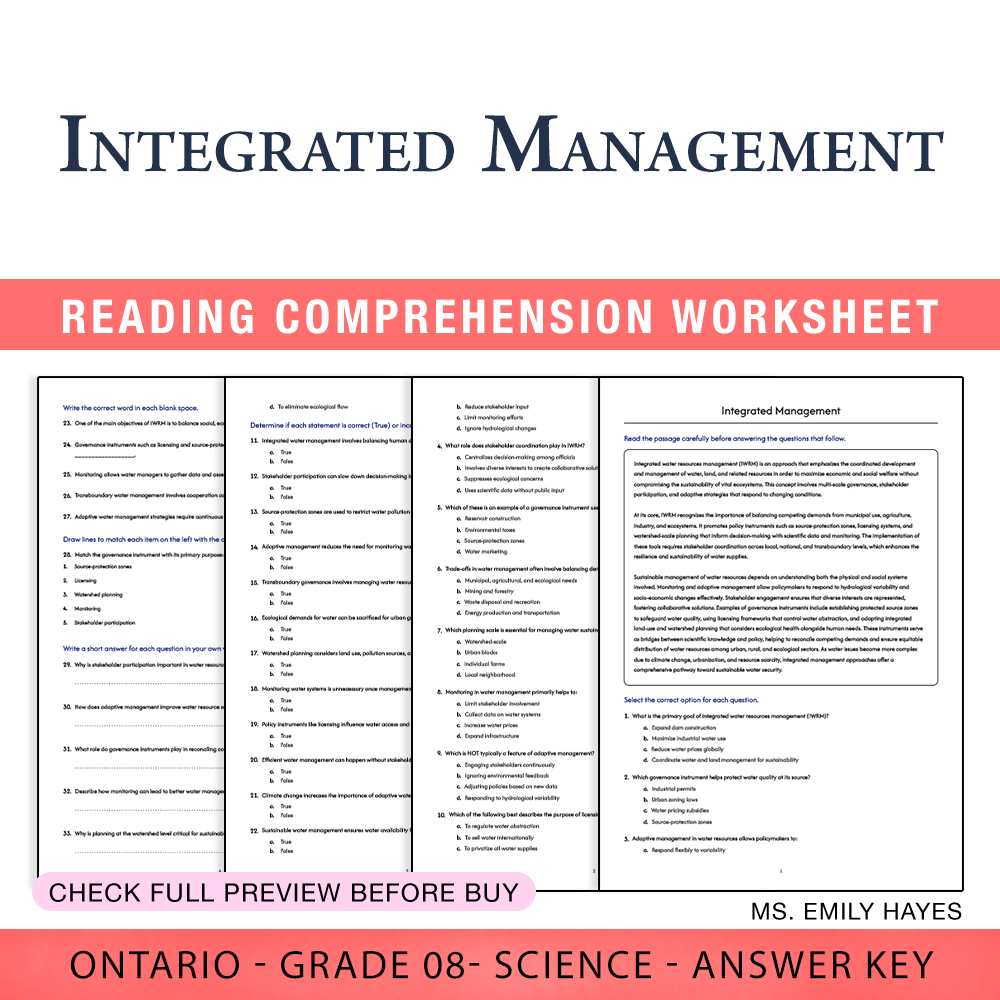 Grade 8 Science worksheet worksheet — 8th Grade Science | Integrated Management Worksheet (PDF+ Answer Key) — page 1