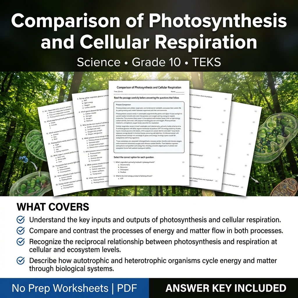 Comparison of Photosynthesis and Cellular Respiration Worksheet Grade 10 Science
