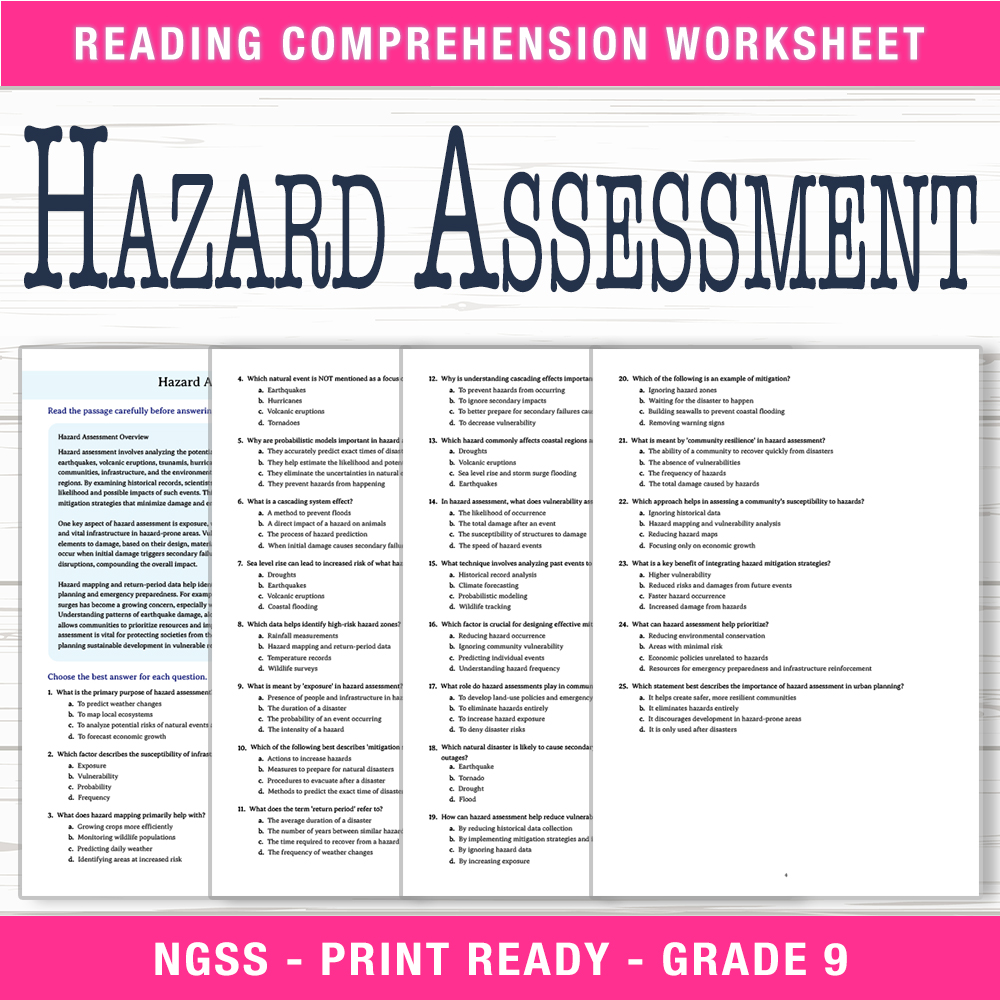 Grade 9 Science worksheet worksheet — Grade 9 Science | Hazard Assessment Worksheet (PDF + Answer Key) — page 1