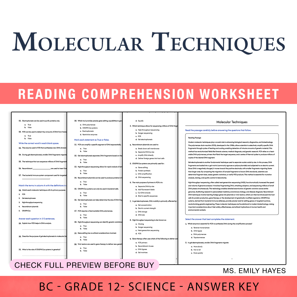 Grade 12 Science worksheet worksheet — 12th Grade Science | Molecular Techniques Worksheet (PDF + Answer Key) — page 1