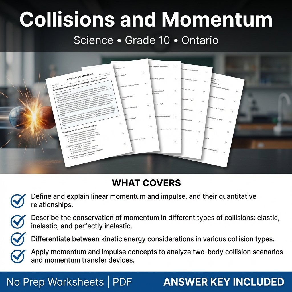 Collisions and Momentum Worksheet | Ontario Grade 10 Science Practice