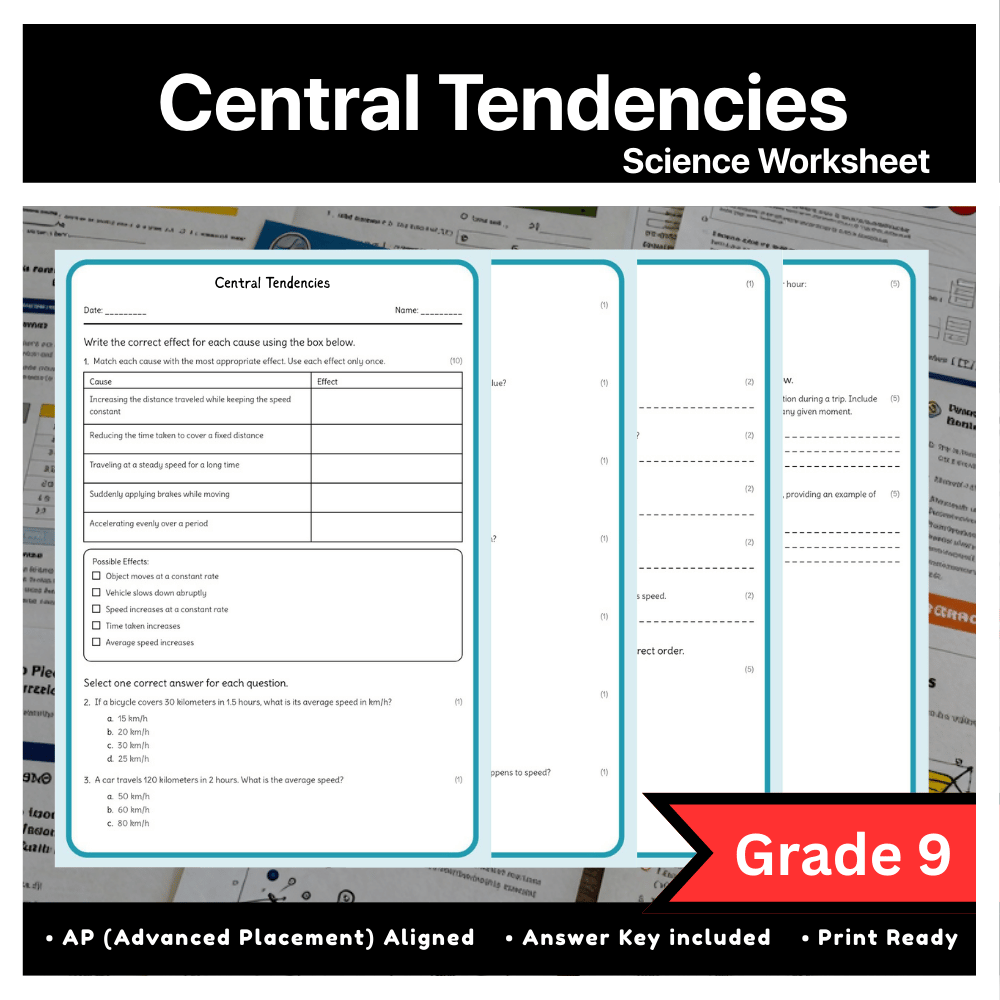 Grade 9 Science | Central Tendencies Worksheet (AP Standard) - PDF