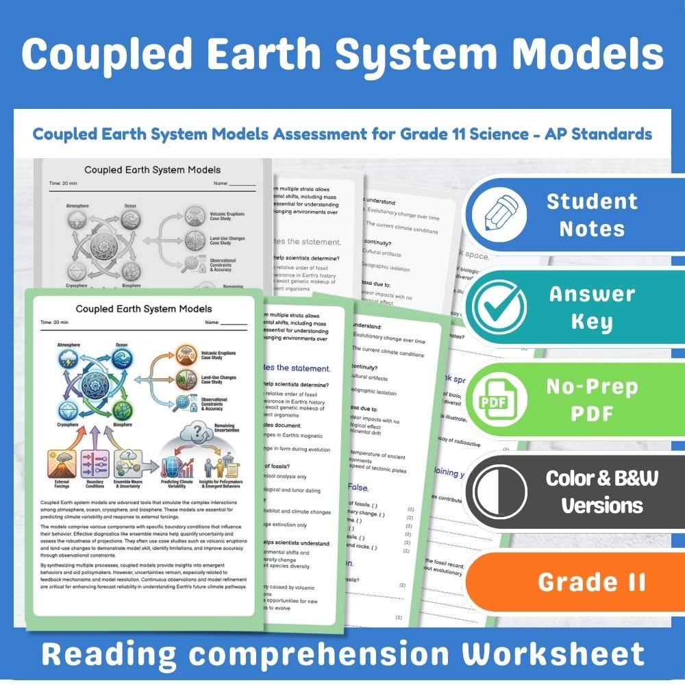 Grade 11 Science assessment worksheet — Coupled Earth System Models Assessment for Grade 11 Science - AP Standards — page 1