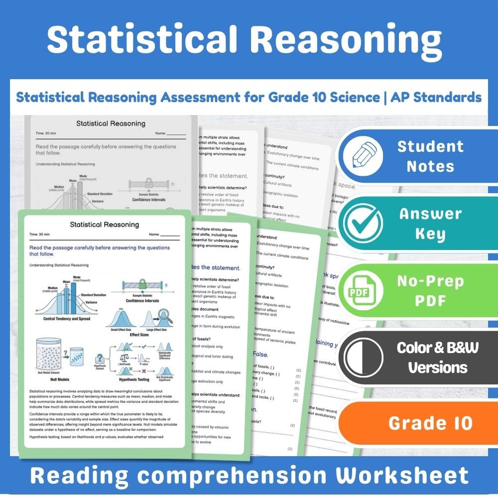 Grade 10 Science assessment worksheet — Statistical Reasoning Assessment for Grade 10 Science | AP Standards — page 1