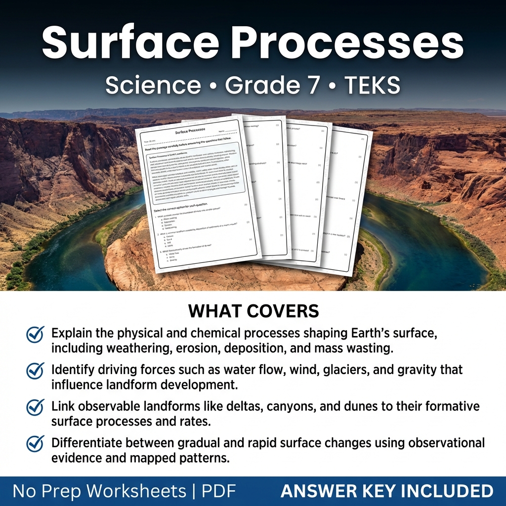 Grade 7 Science worksheet — Surface Processes Science Worksheet for Grade 7 | TEKS-Aligned Practice