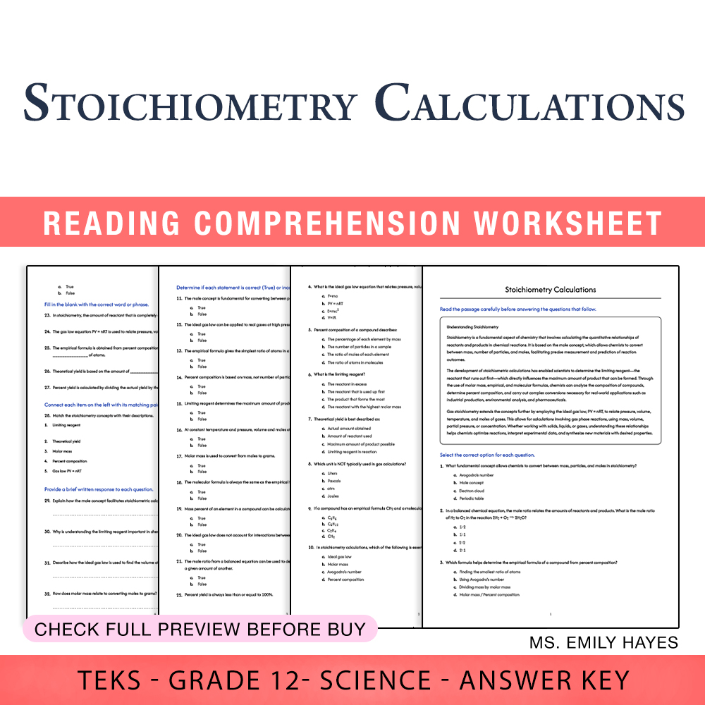 Grade 12 Science worksheet worksheet — Grade 12 Science | Stoichiometry Calculations Worksheet (PDF+ Answer Key) — page 1