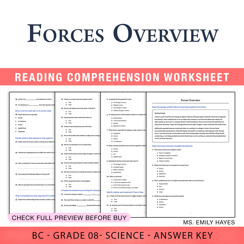 Grade 8 Science worksheet worksheet — Grade 8 Science | Forces Overview Worksheet (PDF+ Answer Key) — page 1