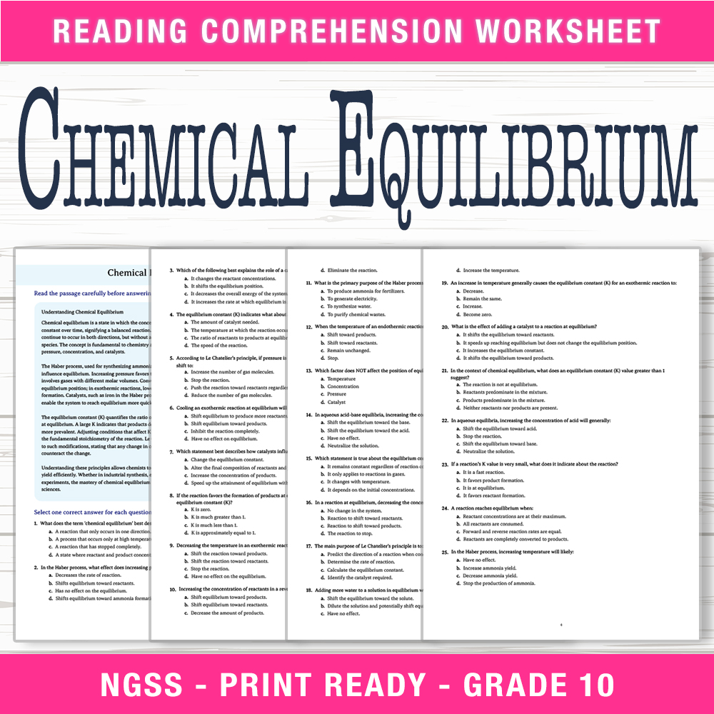 Grade 10 Science worksheet worksheet — Grade 10 Science – Chemical Equilibrium Worksheet (PDF + Answer Key) — page 1