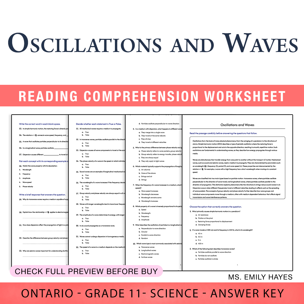 Grade 11 Science worksheet worksheet — Grade 11 Science | Oscillations and Waves Worksheet (PDF + Answer Key) — page 1