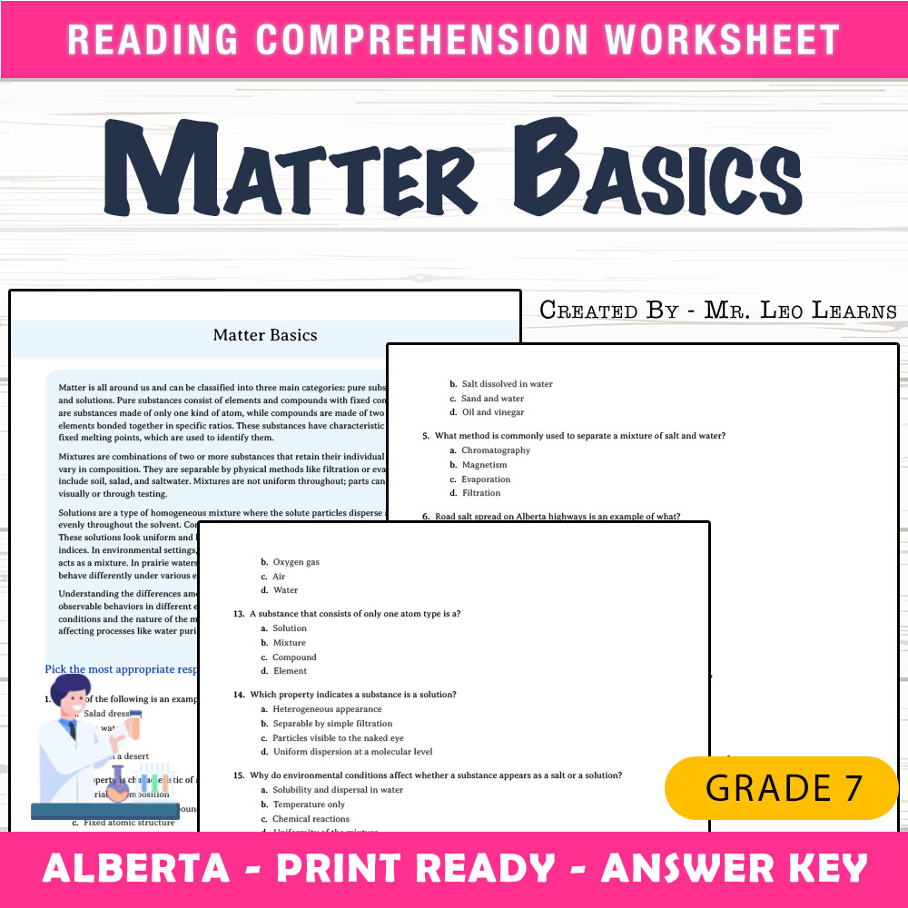 Grade 7 Science worksheet mcq paper worksheet — Grade 7 Science — Matter Basics Worksheet MCQ Paper for Mastery — page 1