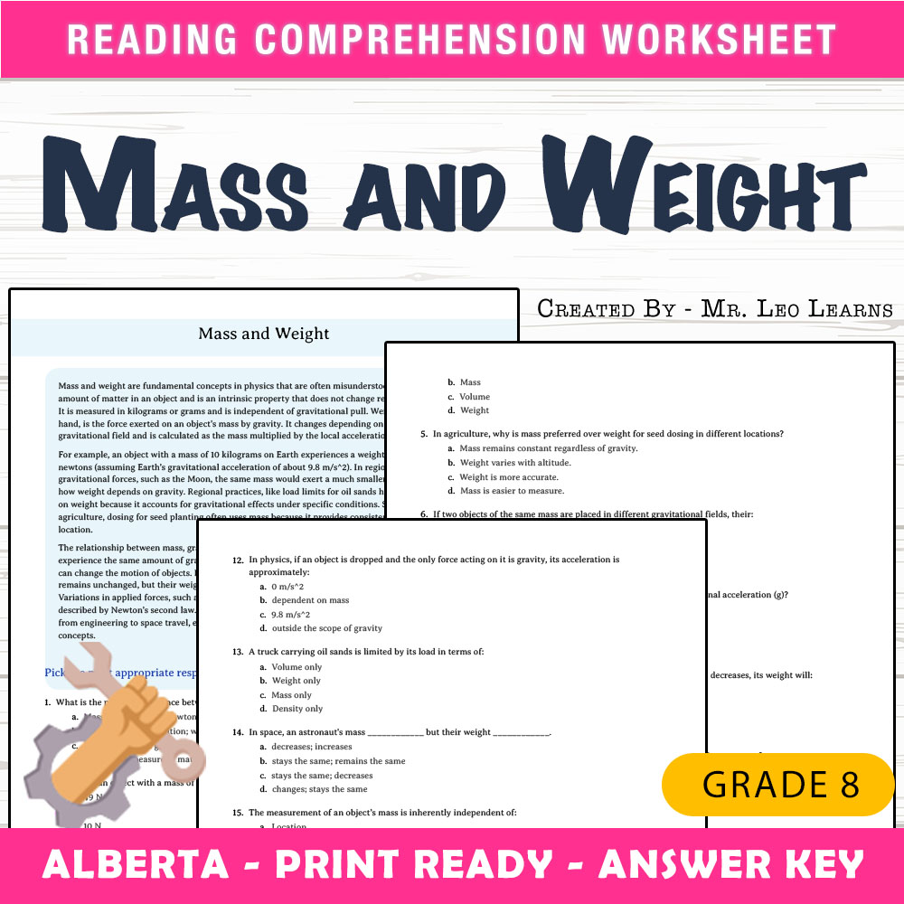 Grade 8 Science worksheet mcq paper worksheet — Grade 8 Science — Mass and Weight Worksheet MCQ Paper for Mastery — page 1