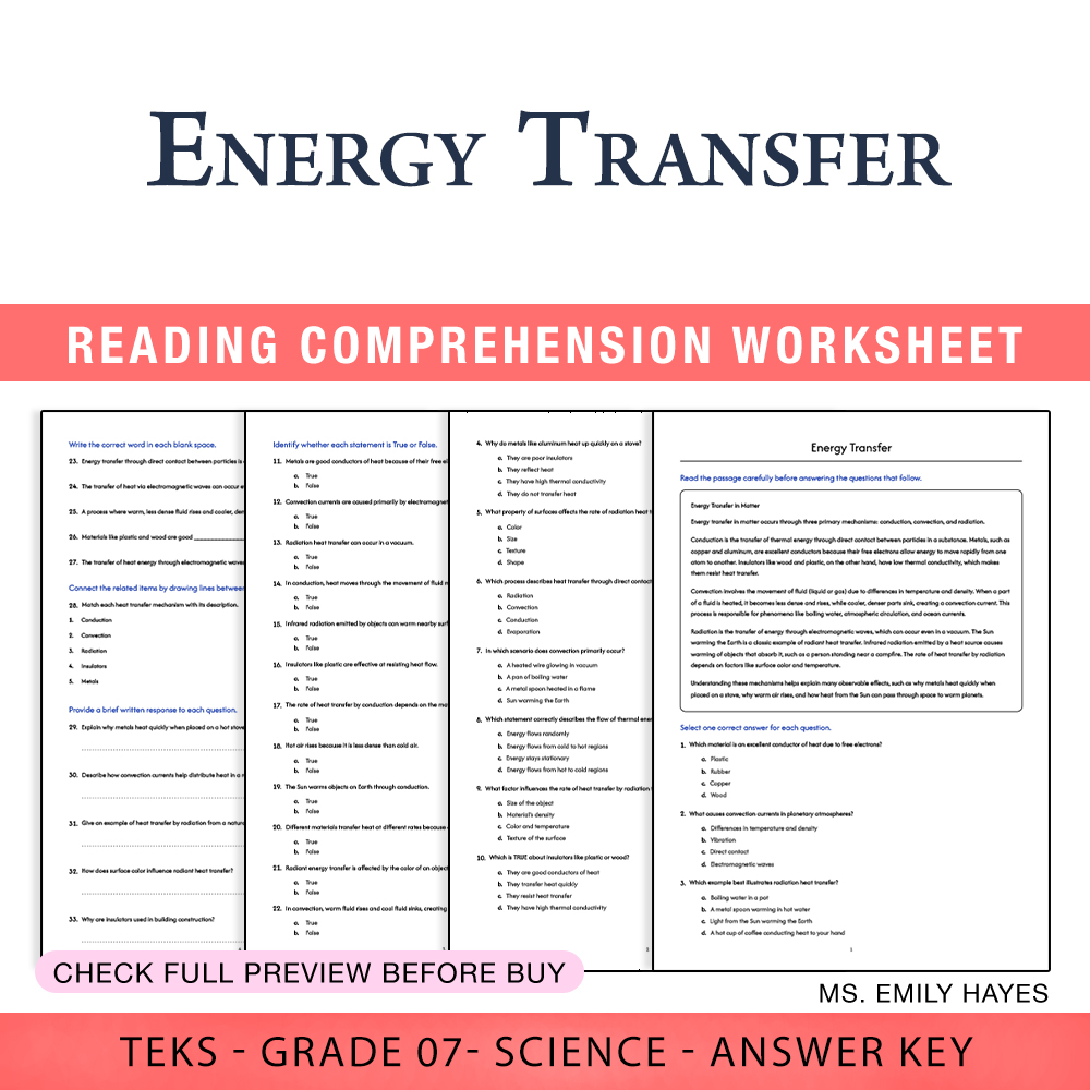 Grade 7 Science worksheet worksheet — 7th Grade Science | Energy Transfer Worksheet (PDF+ Answer Key) — page 1