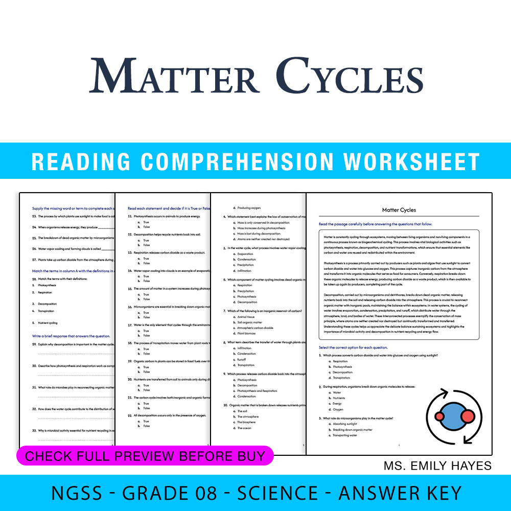 Grade 8 Science worksheet worksheet — 8th Grade Science | Matter Cycles Worksheet (PDF+ Answer Key) — page 1