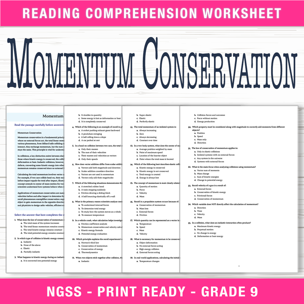 Grade 9 Science worksheet worksheet — Grade 9 Science – Momentum Conservation Worksheet (PDF + Answer Key) — page 1