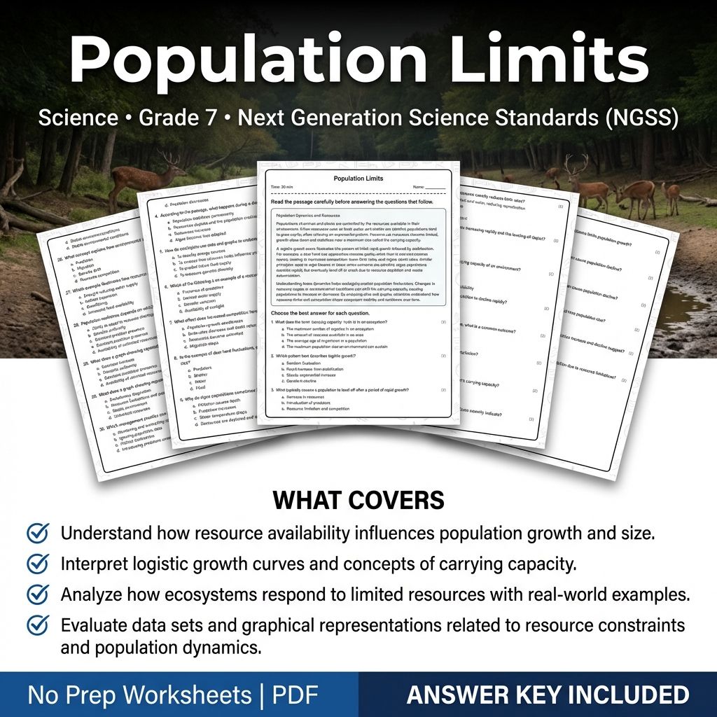 Grade 7 Science worksheet — 7th Grade Science | Population Limits Worksheet & Answer Key (Printable PDF)