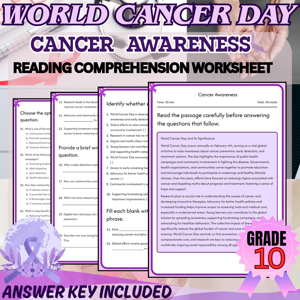 Grade 10 | World Cancer Day Worksheet for Mastering Awareness | PDF + Answer Key