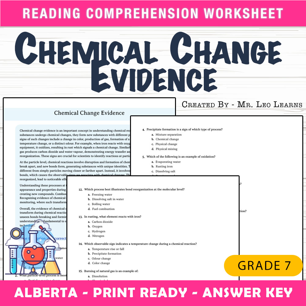 Grade 7 Science worksheet mcq paper worksheet — Grade 7 Science — Chemical Change Evidence Worksheet for Mastery — page 1