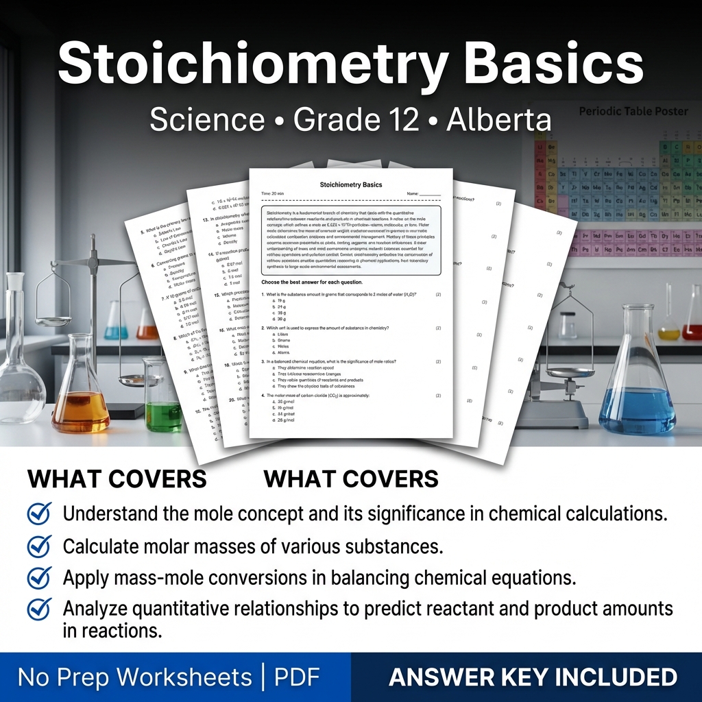 Grade 12 Science Worksheet | Stoichiometry Basics | Alberta Standards