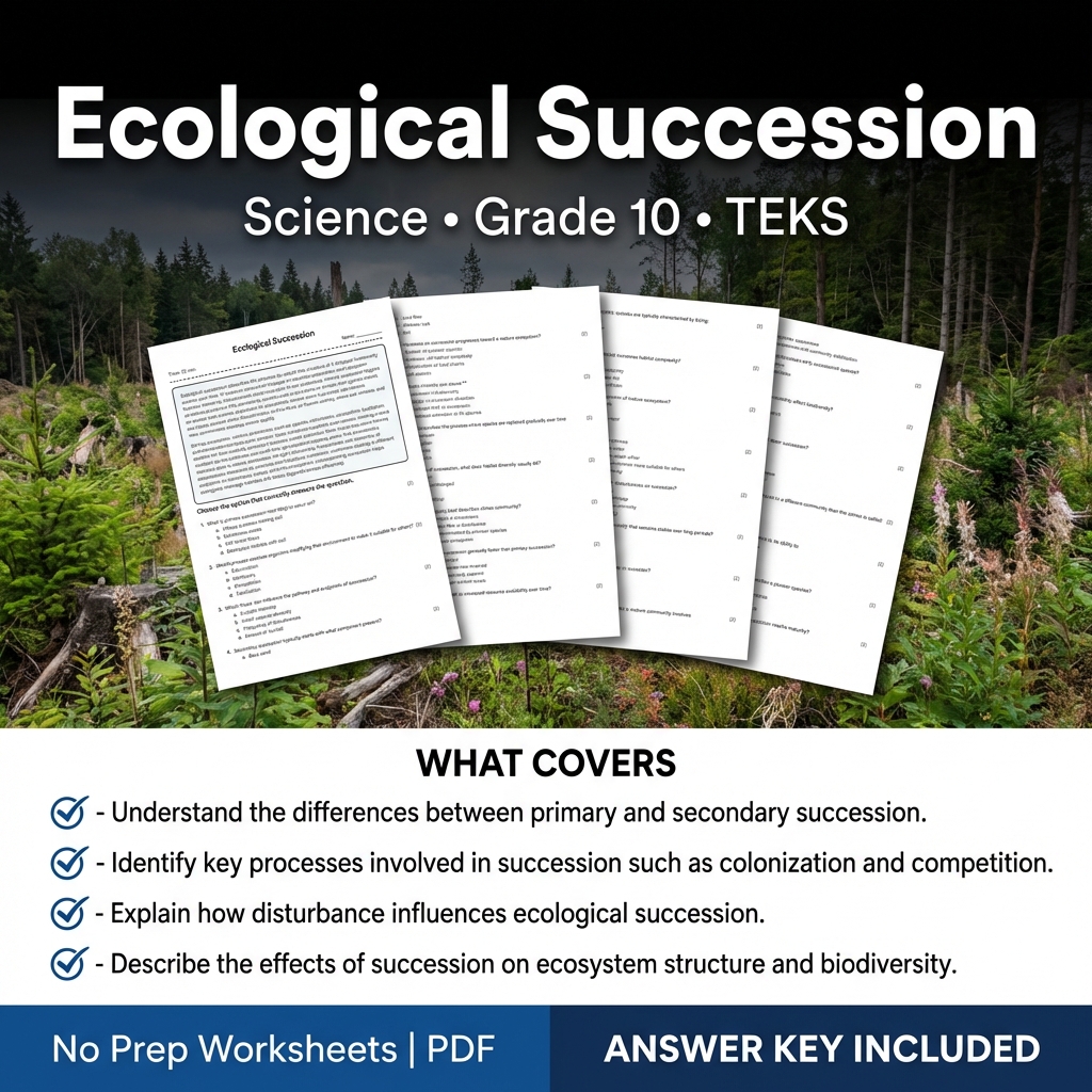 Ecological Succession Worksheet for Grade 10 Science | TEKS Practice