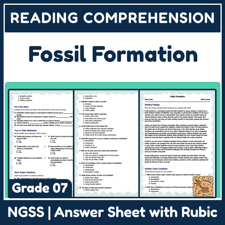 Science reading worksheets worksheet — 7th Grade Science | Fossil Formation Reading Worksheets — page 1