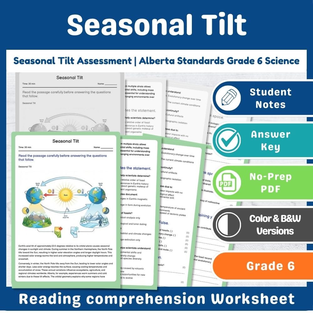 Grade 6 Science assessment worksheet — Seasonal Tilt Assessment | Alberta Standards Grade 6 Science — page 1