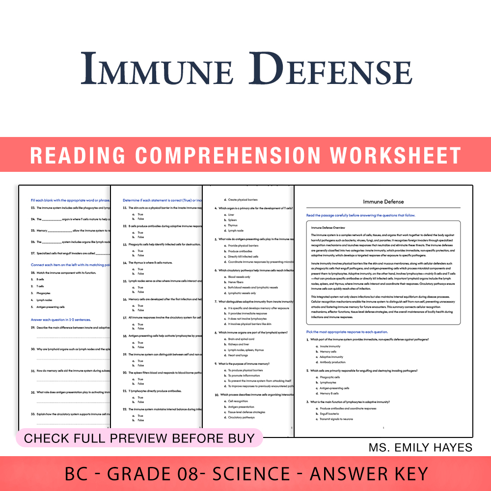 Grade 8 Science worksheet worksheet — 8th Grade Science | Immune Defense Worksheet (PDF+ Answer Key) — page 1