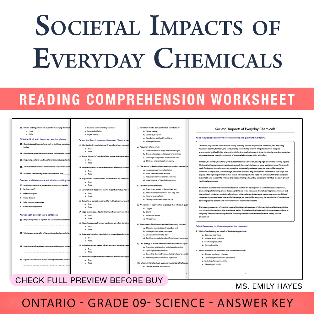 Grade 9 Science worksheet worksheet — Grade 9 Science |Societal Impacts of Everyday Chemicals Worksheet(PDF + Answers) — p…