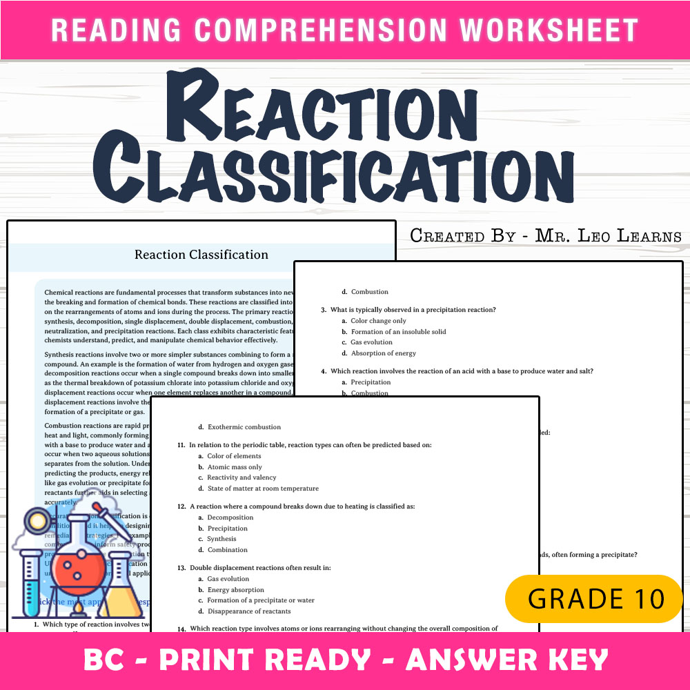 Grade 10 Science worksheet mcq paper worksheet — Grade 10 Science — Worksheet MCQ Paper for Mastering Reaction Classificat…