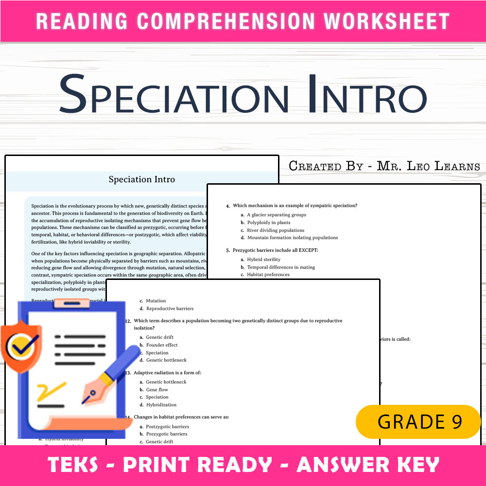 Grade 9 Science worksheet worksheet — Grade 9 Science — Speciation Intro Worksheet for Mastering Evolution — page 1