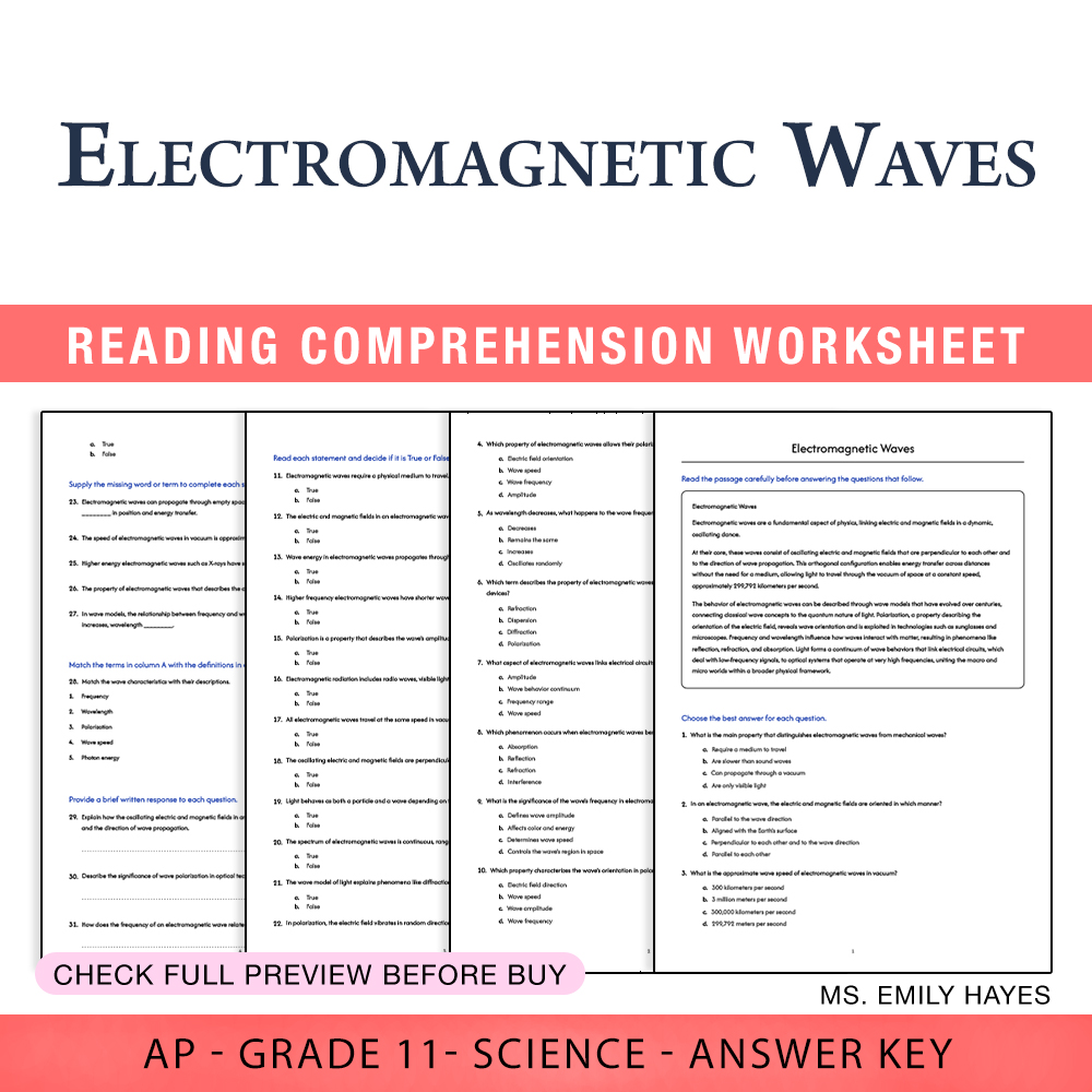 Grade 11 Science worksheet worksheet — Grade 11 Science | Electromagnetic Waves Worksheet (PDF+ Answer Key) — page 1