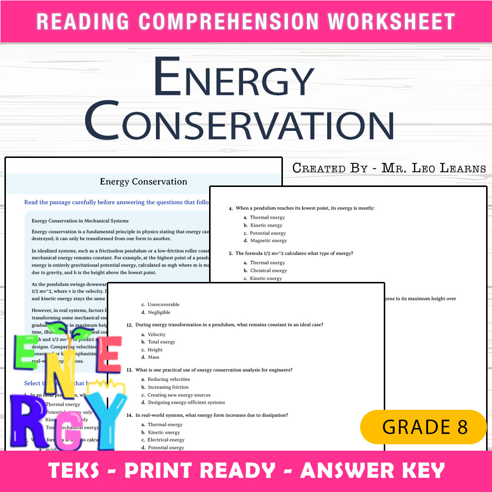 Grade 8 Science worksheet worksheet — Grade 8 Science – Energy Conservation Worksheet for Mastery — page 1