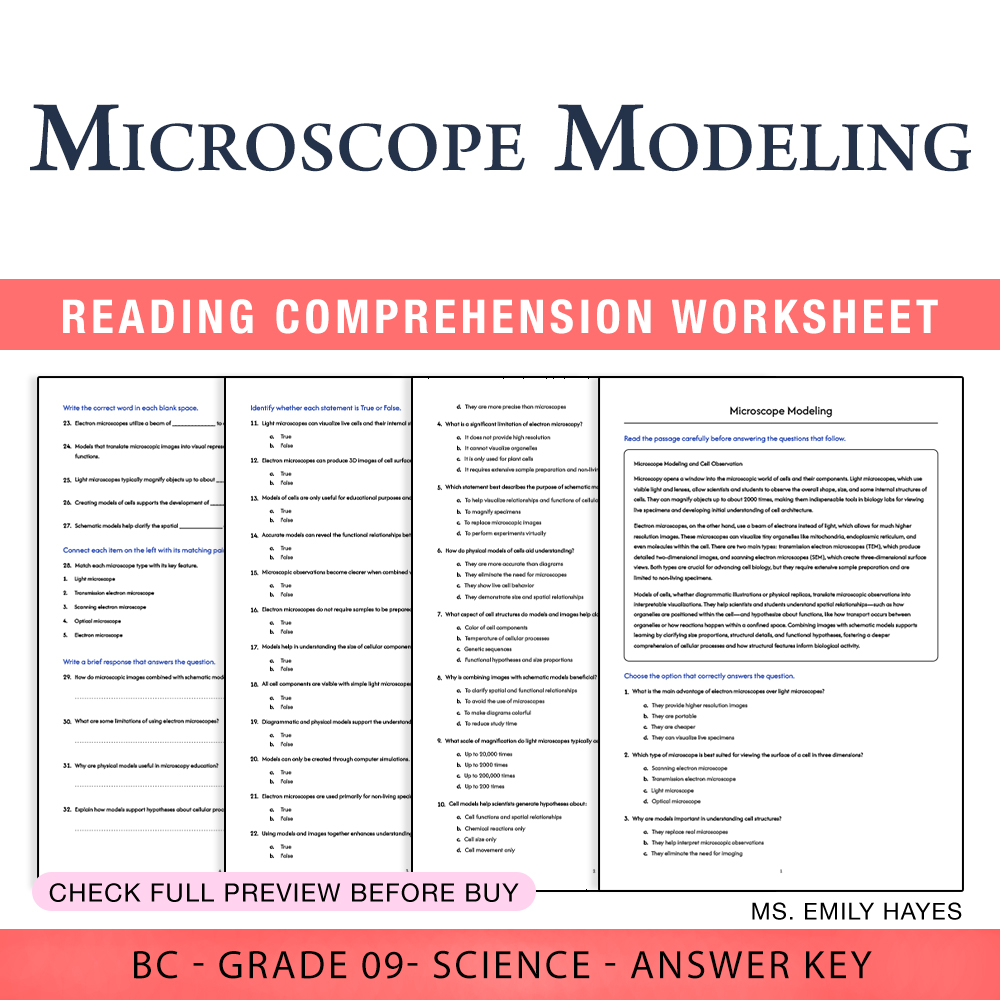 Grade 9 Science worksheet worksheet — Grade 9 Science | Microscope Modeling Worksheet (PDF+ Answer Key) — page 1