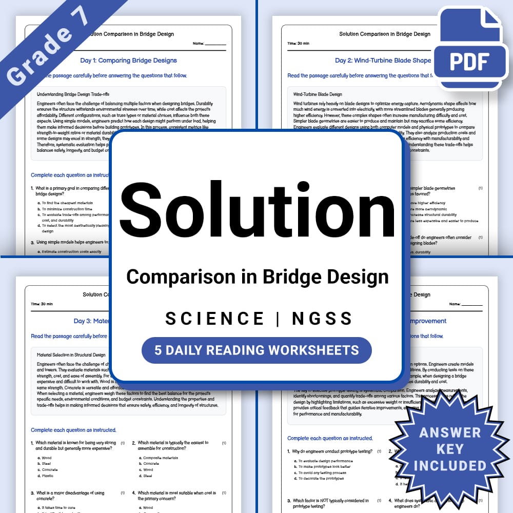 Grade 7 Science daily reading worksheet worksheet — Grade 7 Science – Solution Comparison in Bridge Design Worksheet(PDF +…
