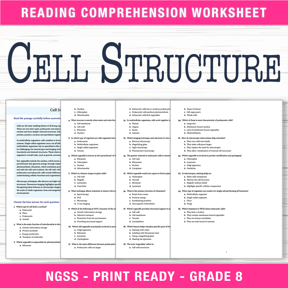 Grade 8 Science worksheet worksheet — Grade 8 Science | Cell Structure Worksheet (PDF + Answer Key) — page 1