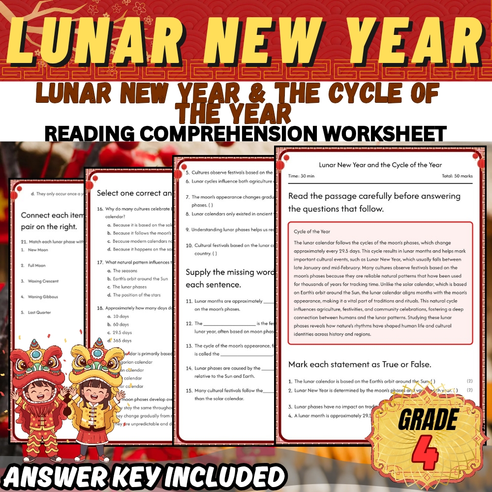 Grade 4 Holiday Lunar New Year for Mastering Cycle of the Year| PDF + Answer Key
